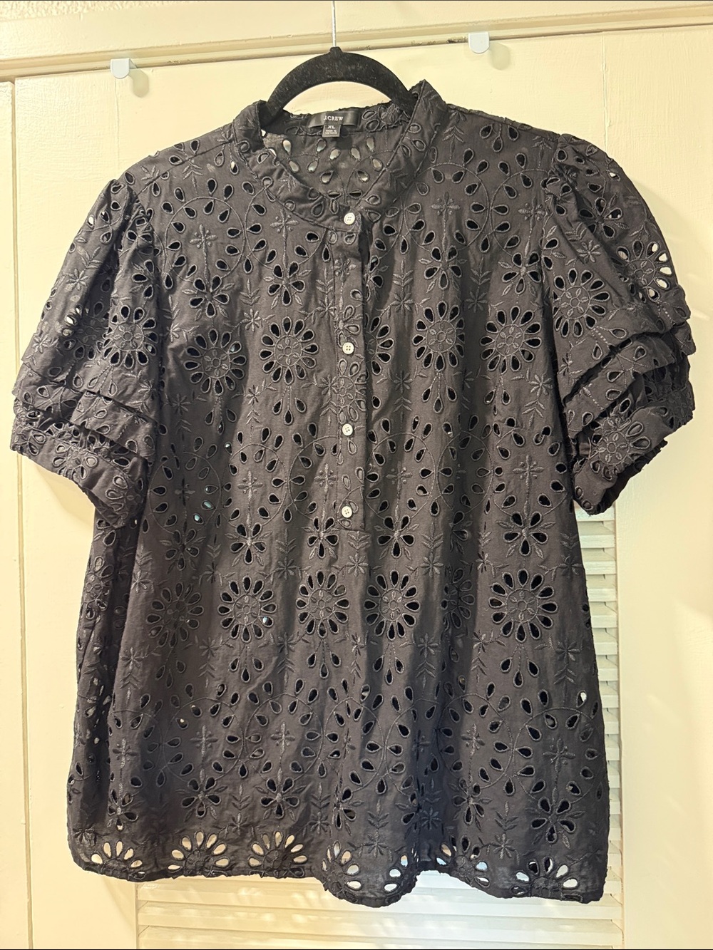 J. Crew Black Eyelet Short-Sleeve Button-Up Blouse